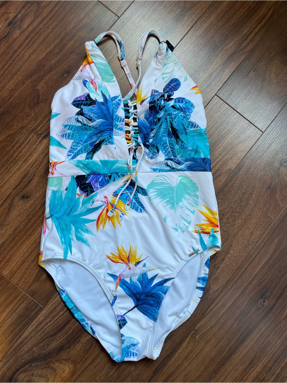 Tropical Lace-Up One-Piece Swimsuit in White & Blue